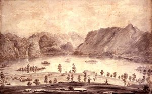 Panoramaudsigt over Derwentwater og Vale of Keswick, detalje af den vestlige side af Derwent Water, ca. 1772